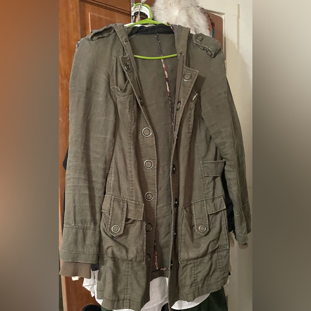 Free People vintage-inspired Ramie/Cotton Hooded Military Utility Trench Jacket